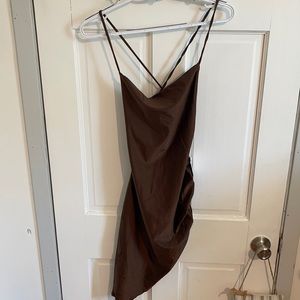 Open back- adjustable. Brown Silk Stretch asymmetric dress. Size medium.Nvr worn